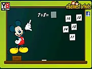 Mickey Mouse Math Game screenshot showing Mickey Mouse holding numbers and symbols, educational game for free online