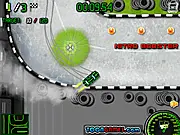 Screenshot of Ben10 Drift online game showing Ben 10's cool car drifting around a corner and knocking down orange traffic cones on a race track