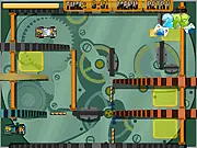 Screenshot of Clockworks Parking 2 Player online game showing two small cars in a cooperative puzzle level with obstacles and parking spots