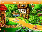 Screenshot of Tarantula Farm Hidden Alphabets free online game showing the interior of a rustic farm house with various objects and hidden letters