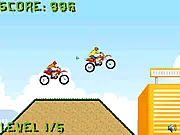 Screenshot of Adrenaline Dirt Bikes online game showing two dirt bikers racing on a dirt track through a backyard landscape toward a flashing checkpoint