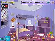 Messy Baby Room cleanup game screenshot, a cluttered room with toys and clothes scattered