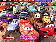 Screenshot of Wonder Cars Hidden Alphabet online game showing a scene with bright cartoon cars and cleverly hidden alphabet letters
