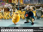 Screenshot from the Hop Hidden Letters online game showing hidden alphabet letters in a bright Easter-themed movie scene