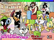 Screenshot of Tweety Bunny Hidden Letters online game showing Lola Bunny and Tweety Bird with hidden English alphabet letters in the background