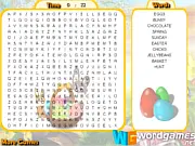 Easter Word Search game screenshot showing a grid of scrambled letters and a list of 10 words related to Easter that players need to find.