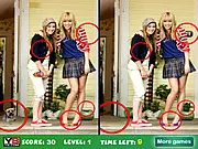Screenshot of Celebrities Clear Differences online game showing two side-by-side pictures of Hannah Montana with 7 differences to find