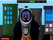 Sniper Code Terror game screenshot showing the view through a sniper scope aimed at the windows of a modern high-rise building with a terrorist target.