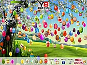 Hidden Easter Eggs game screenshot showing a colorful spring garden scene filled with flowers and greenery, where players must find hidden decorative eggs.