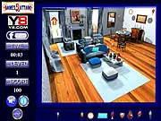 Screenshot of the Blue Room Hidden Object game, showing a detailed room interior with various household items, and a magnifying glass icon