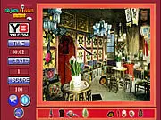 Screenshot of the Restaurant Hidden Objects game showing a busy kitchen counter with plates, utensils, and ingredients where several items are cleverly concealed