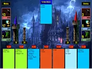 Arcomage online card game interface showing two towers, resource counters, and a hand of playable cards