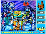 Scooby and Shaggy Hidden Stars game screenshot showing Scooby-Doo and Shaggy looking for hidden stars in a colorful cartoon scene. Play free online game.