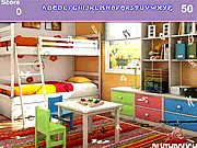 Colorful Bedroom Hidden Alphabets game screenshot, showing a bright, cluttered kids' room with letters hidden throughout