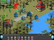 Strategy Defense 9 game screen showing a military defense base with multiple modern weapons and defense towers firing on a large wave of enemy units and tanks.