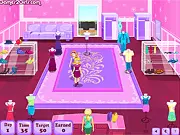 Brand Shopping game screen showing a busy fashion store layout with a manager assisting two customers trying on dresses and shoes near the cash register.