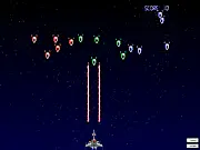 Screenshot of Space Fight online game showing a spaceship battling multiple alien invaders with laser fire in deep space, PlayArcadeHub