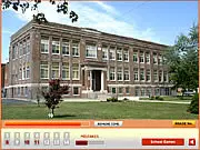 Screenshot from Hidden Number at School game showing a hidden object puzzle in a vintage school building photo, PlayArcadeHub