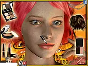 Screenshot of the Salsa Latino Party Makeup game, showing a young woman ready for a makeover with various cosmetic options and a selection of eye and lip makeup.