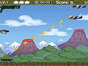 Screenshot of the Tank Soldier shooting game online, showing a military tank on the ground firing a projectile at enemy aircraft in the sky.