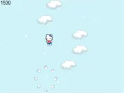 The character Hello Kitty jumping from one fluffy white cloud to another in a bright blue sky for points in an online arcade game.