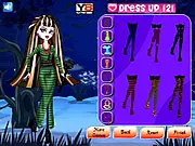 Screenshot of the Monster High Dolls Dress Up online game, featuring a fashionable girl character with styled hair and various clothing options for a makeover.
