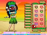 Screenshot of the Tiki Dress Up online game, featuring a female dancer wearing a Hawaiian-style outfit with a flower in her hair and an array of tropical clothes around her.