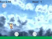 Stomp game screenshot, character jumping high to smash an evil puff monster, platform arcade action