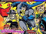 Screenshot of Batman the Brave Superhero Hidden Letters online game showing Batman fighting villains with hidden English alphabet letters scattered in the scene