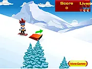 Screenshot of the Beyblade Snowboard free online game showing the character performing an acrobatic trick on a snowy mountain slope