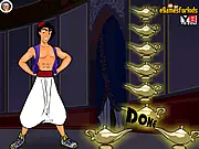 Screenshot of the Aladdin Dressup free online game showing the character Aladdin ready to be customized in an adventure outfit