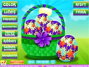 CDE Easter Egg Design free online game screenshot, showing a decorated Easter basket and various colored eggs with decorative patterns