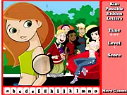 Kim Possible Hidden Letters free online game screenshot, showing Kim Possible, Ron Stoppable, and a background with letters to find