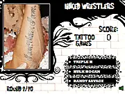 Screenshot from Inked Wrestlers Quiz online game showing a close-up of a wrestler's famous tattoo with three possible name choices below it