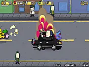Screenshot of Alien Hominid Xtreme free online game showing an alien's vehicle shooting enemy cars in a side-scrolling action sequence