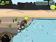 Screenshot of the Funky Biker game showing a small robot character riding a motorcycle on a bumpy, elevated race track