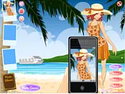 Happy Holiday Beach dress up game interface showing Anita on a tropical island with a selection of summer clothes, free online game