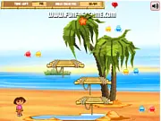 Dora and Diego Beach Treasure free online game screenshot, showing Dora and Diego collecting colorful gems on a sunny beach