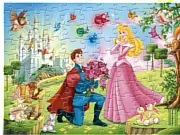 Completed jigsaw puzzle image of Princess Aurora (Sleeping Beauty), Prince Phillip, and forest animals in the free online game
