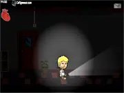 Alan in a spooky, dark hallway of the haunted school in the free online escape game