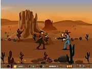 The main character, a cowboy, shooting a pistol at opponents in the action-packed western game Rise of the Cowboy