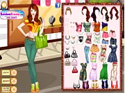 Stylish teen girl modeling a mixed-print outfit with floral dress and polka dot accessories in the free dress up game Prints Charming