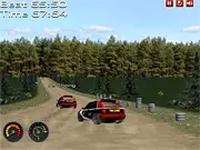 Screenshot of Super Rally Challenge game showing a rally car drifting on a snowy mountain track, a race time leaderboard, a car speeding through a desert stage
