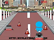 Screenshot of Doraemon and friends riding a scooter over a hilly obstacle course, a high-score screen showing the completion time, Doraemon leaning the scooter to land a jump