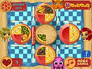 Screenshot of Doli Pizza Party cooking game showing four customized pizzas with various toppings