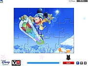 Mickey Mouse Jigsaw Puzzle game showing Mickey and Donald Duck skiing in the snow