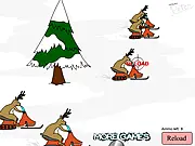 Screenshot of Hunting With Peter showing a first-person view of a forest with deer, the ammo counter at 4/12, a deer being shot for points