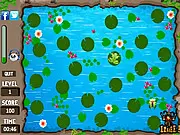 The main screen of The Hungry Frog Online game showing a green frog ready to eat colorful butterflies using its long tongue.