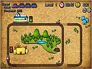Screenshot of the Train Controller game showing a complex arrangement of railway tracks, train cars, and track switching mechanisms in a rail yard.