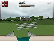 The Heli Support online game screen showing a military helicopter carrying a bridge piece with a winch, preparing to drop it into place over a gap so an army tank can cross.